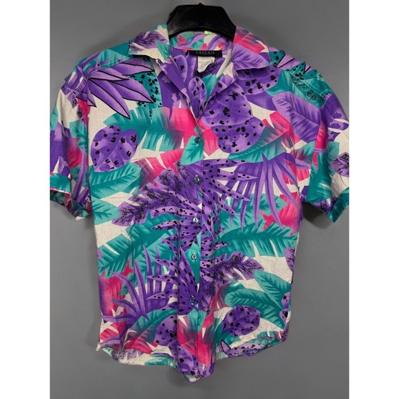 Tops - Vintage Cascais Tropical Abstract Button Up Shirt 90s Purple Teal Short Sleeve M
